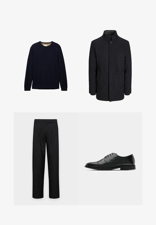 Herren schwarzer Wollmantel mit hohem Kragen, verdecktem Reißverschluss, einreihigem Knopfverschluss und Seitentaschen.; Marineblauer Pullover aus weichem Material, mit Rundhalsausschnitt, langen Ärmeln und einem dezenten Logo auf der Brust. Geschmeidige Textur und entspannter Schnitt.; Schwarze Hose aus glattem Stoff, mit geradem Bein Design, zwei vorderen Falten und einem Standardbund mit Gürtelschlaufen.; Schwarzer Leder-Dieerschuh mit runder Zehenform, Schnürdesign, dezenten Nähdetails und niedrigem Absatz. Glatte Textur mit polierter Oberfläche.