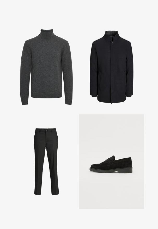 Men's svart ullfrakk med høy krage, skjult glidelås, en knapp lukking og sidelommer.; Mørkegrå turtleneck genser laget av mykt strikket materiale; har lange ermer og en ribbestrikket krage med en jevn tekstur gjennom hele.; Sorte bukser, skræddersyet pasform, glat stof, mellemhøj talje, knaplukning foran, skrå lommer og pressefold detaljer ned ad benene.; Sorte semskede loafers med lav hæl, der har en enkel rem henover toppen og teksturerede detaljer langs siderne.