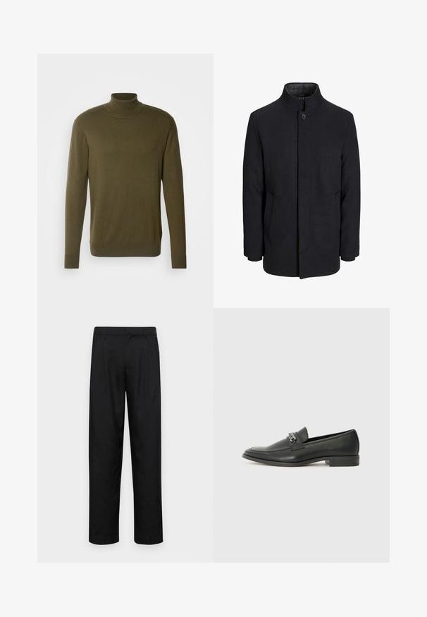 Manteau en laine noir pour homme avec col haut, fermeture éclair dissimulée, fermeture à un bouton et poches latérales.; Pull à col roulé vert olive fabriqué en tissu lisse et léger ; il possède des manches longues et des poignets et un ourlet côtelés.; Pantalons noirs en tissu lisse, avec une coupe droite, deux plis avant et une taille standard avec passants de ceinture.; Mocassin en cuir noir avec une finition lisse, présentant un design cousu et une accent décoratif en chaîne métallique sur le rand. Talon plat.