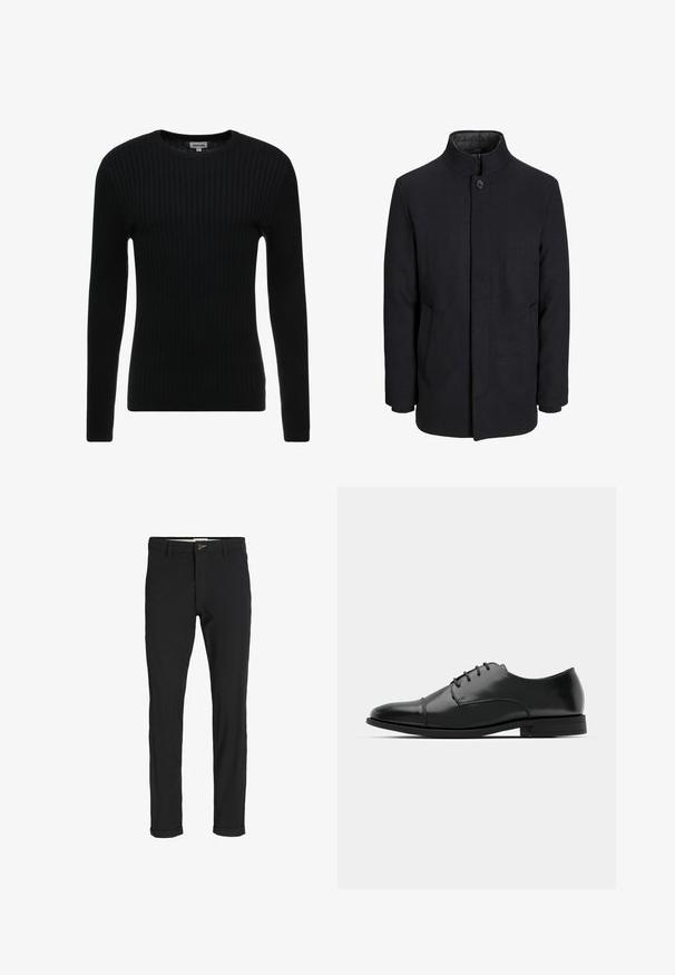 Zwart wollen mannenjas met hoge kraag, verborgen rits, sluiting met één knop en zijzakken.; Zwarte geribbelde lange mouwen trui met een ronde hals; gestructureerde stof met verticale lijnen; slim fit silhouet; geen zichtbare versieringen of accenten.; Zwarte katoenen broek van een katoenmix met een slim fit, voorzien van een knoopsluiting, zakken en opgerolde mouwen voor een casual afwerking.; Zwarte leren dresschoenen met een ronde neus, vetersluiting, subtiele stiksels en een lage hak. Glad oppervlak met gepolijste afwerking.