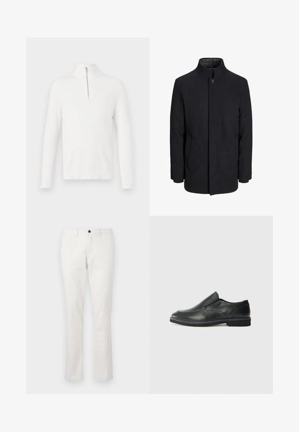 Herren schwarzer Wollmantel mit hohem Kragen, verdecktem Reißverschluss, einreihigem Knopfverschluss und Seitentaschen.; Weißer, gerippter Strickpullover mit langen Ärmeln und hohem Kragen. Verfügt über ein silbernes, mit Reißverschluss versehenes Vorderdesign. Weiche Textur und enganliegende Form.; Jack & Jones PREMIUM JPSTMARCO DAVE - Chino - antique white; Schwarze Leder-Slipper mit glattem Obermaterial, gesteppten Akzenten, runder Zehenpartie und niedrigem Gummiabsatz. Die Sohle hat ein minimales Profil.