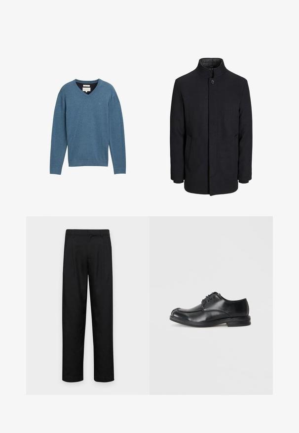 Herren schwarzer Wollmantel mit hohem Kragen, verdecktem Reißverschluss, einreihigem Knopfverschluss und Seitentaschen.; Blauer Baumwoll-V-Ausschnitt-Pullover mit langen Ärmeln und gerippten Bündchen. Mit einem kleinen Logo auf der Brust und einem weichen, strukturierten Stoff.; Schwarze Hose aus glattem Stoff, mit geradem Bein Design, zwei vorderen Falten und einem Standardbund mit Gürtelschlaufen.; Schwarze Leder Schnürschuhe mit runder Zehenpartie, glatter Textur und niedrigem Absatz. Mit steppenden Details entlang der Oberseite und der Seiten.