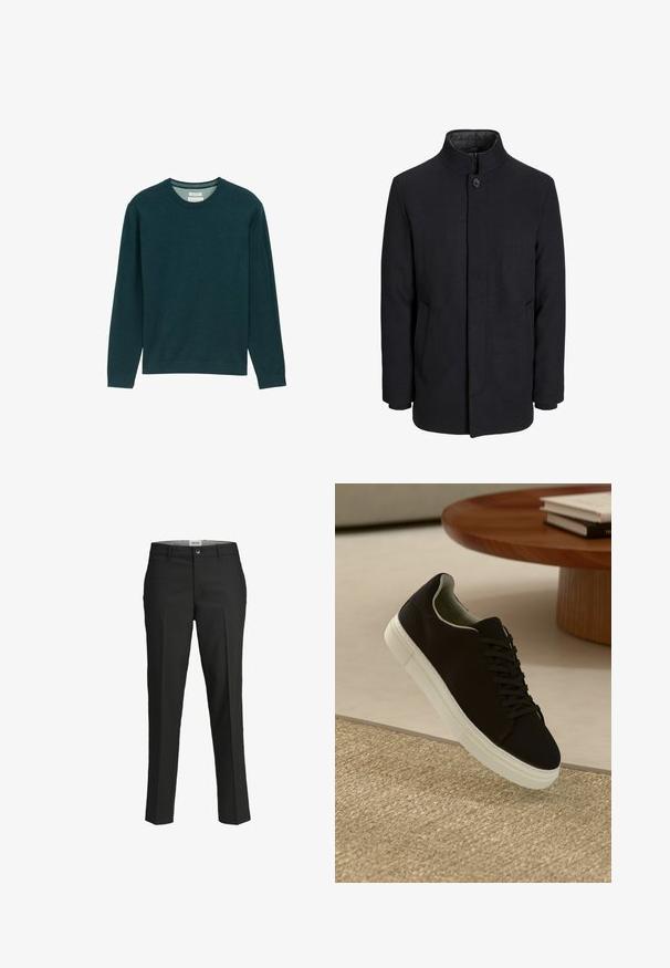Herren schwarzer Wollmantel mit hohem Kragen, verdecktem Reißverschluss, einreihigem Knopfverschluss und Seitentaschen.; Dunkelgrüner Langarm-Sweatshirt mit geripptem Rundhalsausschnitt, weicher Textur und einem dezenten Logodetail auf der Vorderseite. Klassische Passform.; Schwarze Hosen, taillierte Passform, glattes Material, mittelhoher Bund, vorderer Knopfverschluss, schräge Taschen und Bügelfalten entlang der Beine.; Schwarze Sneakers mit weißer Sohle, die über einem beige strukturierten Teppich schweben, in der Nähe eines runden Holztisches mit gestapelten Büchern.