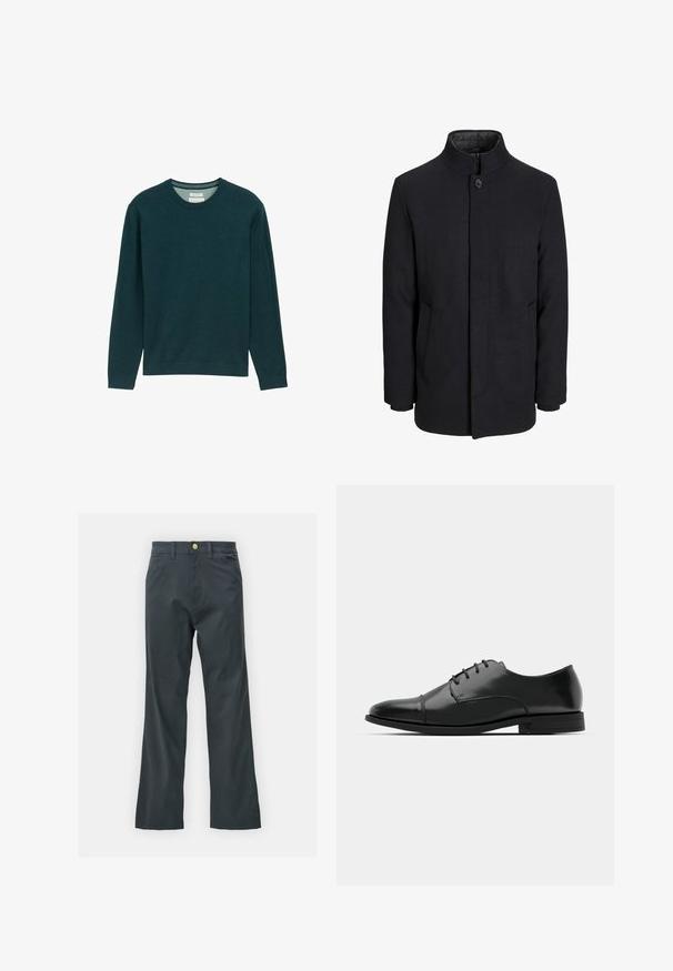 Vīriešu melns vilnas mētelis ar augstu apkakli, slēptu rāvējslēdžu, vienu pogu aizdari un sānu kabatām.; Tumši zaļš garām piedurknēm sporta krekls ar ribotu apkakli, mīksta tekstūra un nemanāmi logo uz priekša. Klasiska piegriezuma.; Melnas bikses ar taisnu kāju griezumu, izgatavotas no kokvilnas maisījuma auduma. Tām ir metāla pogas aizdare un sānu kabatas. Nav redzamu rakstu.; Melnas ādas vadmalas kurpes ar noapaļotu purngalu, saistījuma dizains, smalkas izšuvumu detaļas un zema papēža. Gluda tekstūra ar spīdīgu apdari.