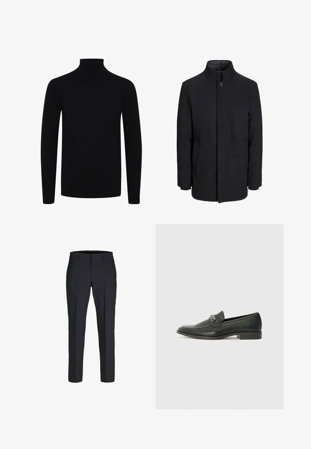 Cappotto da uomo in lana nera con colletto alto, zip nascosta, chiusura a un bottone e tasche laterali.; Maglione a collo alto nero, con maniche lunghe, colletto e orlo a costine, realizzato in un morbido tessuto a maglia, presenta un logo discreto sul lato inferiore.; Pantaloni tailored di un blu navy scuro, con una texture liscia, design slim fit, fronte piatto e passanti per cintura. Semplici, senza motivi o accenti visibili.; Mocassino in pelle nera con finitura liscia, caratterizzato da un design cucito e da un accento decorativo in catena metallica sul vamp. Tacco piatto.