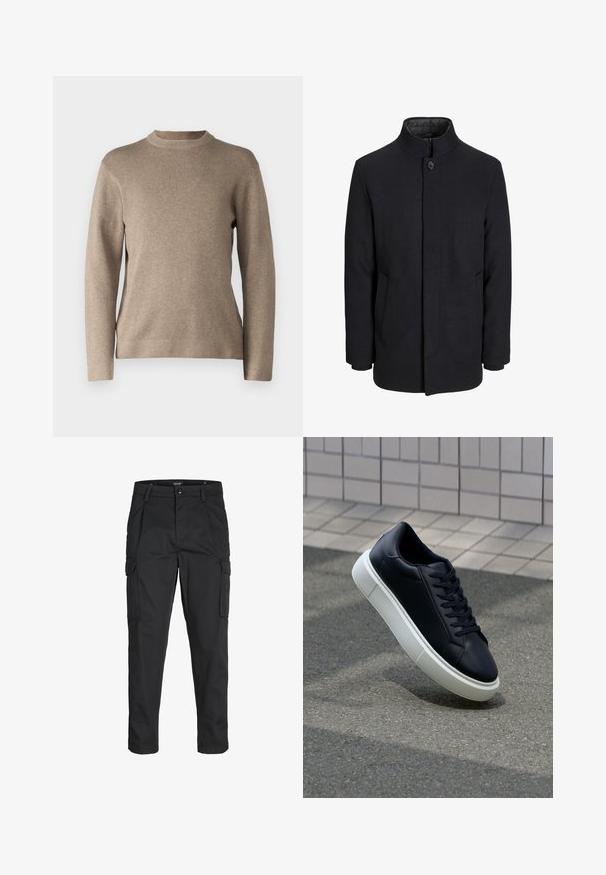 Miestenský čierny vlnený kabát s vysokým golierom, skrytým zipsom, jedným gombíkom na zapínanie a bočnými vreckami.; Beige neule pyöreällä kaula-aukolla, pitkät hihat, ribbauskaitaleet ja pehmeä, teksturoitu kangas. Ominaisuuksiin kuuluu yksinkertainen muotoilu ja rento istuvuus.; Mustat cargo-housut, jotka on valmistettu kestävästä kankaasta. Housuissa on useita taskuja, nappisulku ja kapea istuvuus, jossa on kapenevat lahkeet.; Mustat nahkakengät, joissa on pyöristetty kärki ja valkoinen kumipohja. Varusteena litteät nauhat ja minimaalinen ommel ylhäällä. Teksturoitu pohja pitävyyden lisäämiseksi.