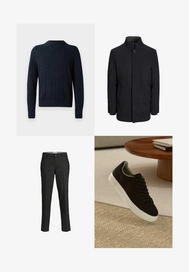 Men's black wool coat with high collar, concealed zipper, single button closure, and side pockets.; Dark navy knitted sweater with a textured wave pattern, ribbed neckline, and cuffs. Fitted design with long sleeves and a classic shape.; Black trousers, tailored fit, smooth fabric, mid-rise waist, front button closure, diagonal pockets, and crease detailing down the legs.; Black sneaker with white sole floating above beige textured rug near round wooden table with stacked books.