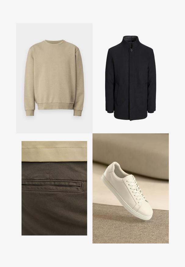 Vyriškas juodas vilnonis paltas su aukštu apykakle, užslėptu užtrauktuku, vienu užsegimu ir šoninėmis kišenėmis.; Šviesiai rudas džemperis su apvaliu iškirpimu, susiūtomis rankovėmis ir apačia. Pagamintas iš minkštos medžiagos, turi lygų paviršių ir minimalistinį dizainą.; Rudos medvilnės kelnes su matoma užpakaline kišene, papuoštos subtiliomis siūlėmis ir lygiu paviršiumi. Juosmuo yra kontrastingos bežinės spalvos.; Balta odinė sportinė avalynė su baltais raišteliais, išdėstyta ant rausvo tekstūruoto paviršiaus ir minkšto neryškaus fono.