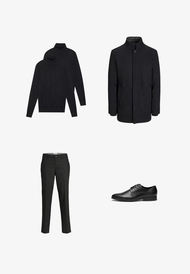 Men's svart ullfrakk med høy krage, skjult glidelås, en knapp lukking og sidelommer.; To svarte langermede genserne med høy hals, ensfarget strikket, stablet med den ene litt bak den andre på en hvit bakgrunn.; Sorte bukser, skræddersyet pasform, glat stof, mellemhøj talje, knaplukning foran, skrå lommer og pressefold detaljer ned ad benene.; Svart lærskinn dressko med glatt tekstur, rund tå og fire øye-lisse design. Har en lav blokkheel og broderte detaljer.
