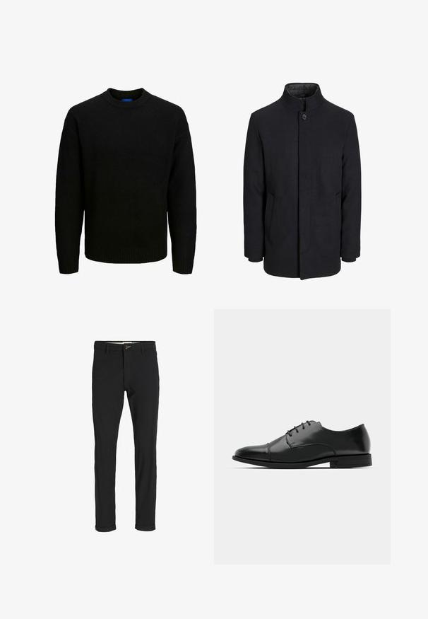 Herren schwarzer Wollmantel mit hohem Kragen, verdecktem Reißverschluss, einreihigem Knopfverschluss und Seitentaschen.; Schwarzer Strickpullover mit Rundhalsausschnitt, langen Ärmeln und Rippstrickabschlüssen am Kragen und Saum. Weiche Textur, lässige Passform.; Schwarze Baumwollmischungshose mit schmalem Schnitt, gekennzeichnet durch einen Knopfverschluss, Taschen und umgeschlagenen Säumen für einen lässigen Abschluss.; Schwarzer Leder-Dieerschuh mit runder Zehenform, Schnürdesign, dezenten Nähdetails und niedrigem Absatz. Glatte Textur mit polierter Oberfläche.