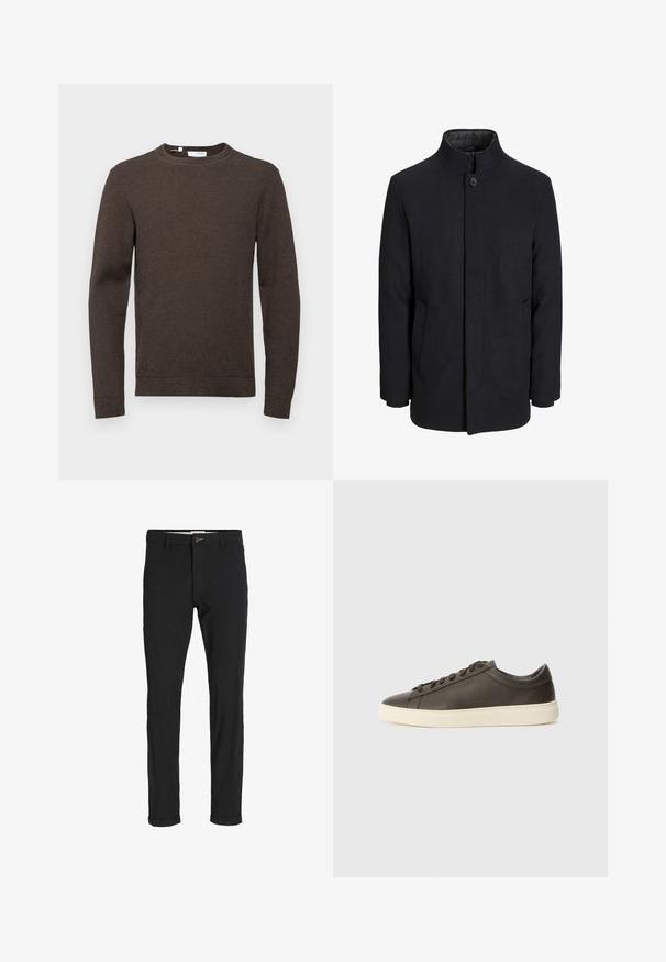 Męski czarny wełniany płaszcz z wysokim kołnierzem, ukrytym zamek błyskawicznym, zapięciem na jeden guzik oraz bocznymi kieszeniami.; Selected Homme SLHROSS ciemnobrązowy; Czarne spodnie z bawełnianego materiału w slim fit, z zapięciem na guzik, kieszeniami i podwiniętymi mankietami, co nadaje im swobodny charakter.; Ciemnobrązowe skórzane sneakersy o teksturowanym wykończeniu, z białą gumową podeszwą i płaskimi sznurowadłami. Minimalistyczny design bez widocznych logo.