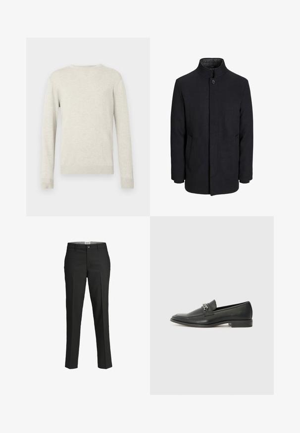 Svart ullrock för män med hög krage, dold dragkedja, singel knappstängning och sidofickor.; Långärmad beige crewnecktröja med ribbade muddar och nederkant, uppvisad mot en enkel vit bakgrund.; Svarta byxor, skräddarsydd passform, slätt tyg, medelhög midja, framknäppning, diagonala fickor och veckdetaljering längs benen.; Svart läderloafers med en slät yta, med en sydd design och en dekorativ metallkedjeaccent över västen. Platt häldesign.