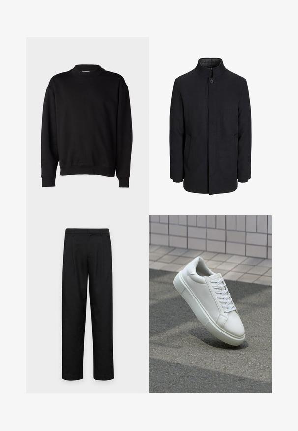 Men's svart ullfrakk med høy krage, skjult glidelås, en knapp lukking og sidelommer.; Svart hettegenser med høy, ribbestrikket krage, lange ermer og avslappet passform. Myk tekstur med ribbestrikkede mansjetter og hem.; Sorte bukser laget av glatt stoff, med rette ben, to frontfoldninger og standard liv med beltehemper.; Hvit lær sneaker med glatt overflate, rund tå og flate hvite snøringer. Har en teksturert gummisåle og minimale design elementer.