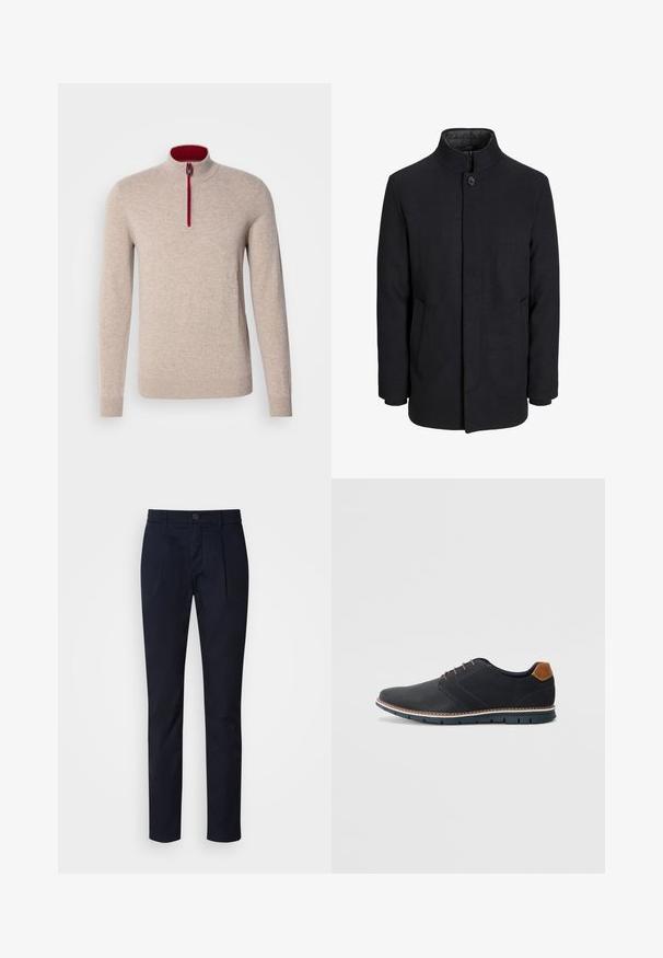 Férfi fekete gyapjú kabát magas gallérral, rejtett cipzárral, egy gombos záródással és oldalzsebekkel.; Beige pulóver, magas nyakkal és rövid cipzárral. Piros díszítések találhatók a cipzár mentén, és sima, puha tapintású.; Tengerészkék, slim fit nadrág elöl gyűrődésekkel, gombos és cipzáras záródással, övhurkokkal és egyenes szabású lábszárakkal.; Fekete szintetikus cipők, textúrált felsőrésszel, sima díszítésekkel, barna sarkával és kontrasztos talppal. Minimális fűzéssel és varrási részletekkel rendelkezik.