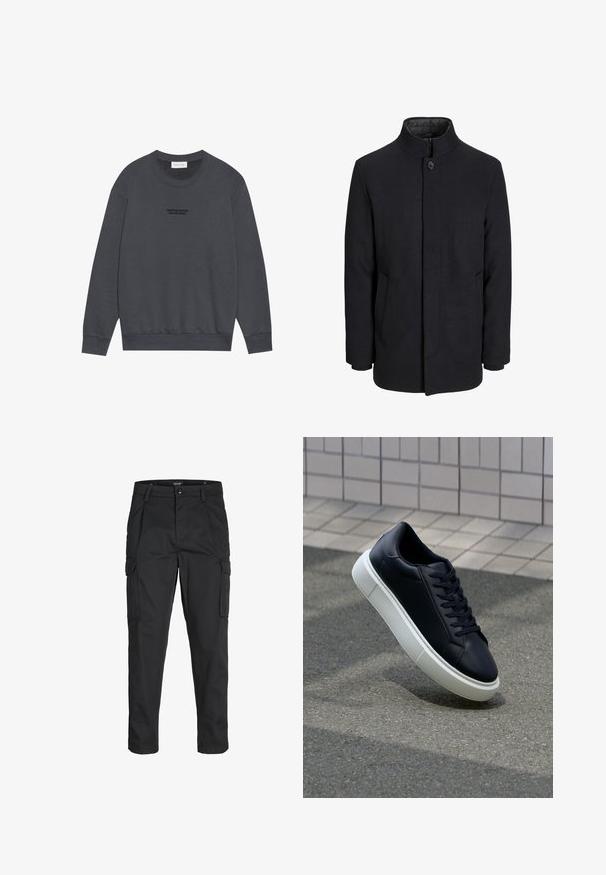 Meeste must villane mantel kõrge kraega, peidetud tõmblukk, ühe nööbiga kinnitamine ja küljetaskud.; Pier One Pusa - dark grey; Mustad mustapõlvik, mis on valmistatud tugeva koe kasutades, sisaldab mitmeid taskuid, nupule kinnitatav sulgemine ja kitsenev disain.; Mustast nahast tennisetoss, millel on ümar nina ja valge kummist tall. Omab siredaid paelu ja minimaalset õmblemist ülemises osas. Tekstuuriga tald, mis tagab haakuvuse.