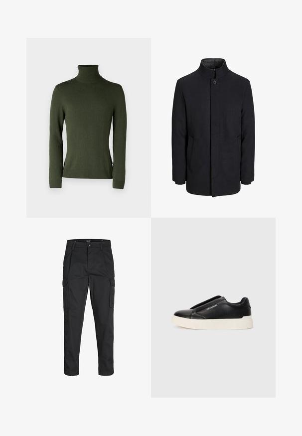 Moška črna volnena jakna z višjim ovratnikom, skritim zadrgo, enojnim gumbom za zapiranje in stranskimi žepi.; Zeleni pulover s turtleneck ovratnikom, izdelan iz mehke tkanine, ima dolge rokave, ožji kroj ter rebraste manšete in rob. Opremljen je z razporki na straneh.; Črne cargo hlače iz trdnega blaga, ki imajo več žepov, gumbasto zapiranje in ozek kroj z zožanimi nogami.; Črne slip-on športne čevlje z teksturiranim usnjenim zgornjim delom, belim gumijastim podplatom in brez vidnih vezalk. Na strani je logotip blagovne znamke.
