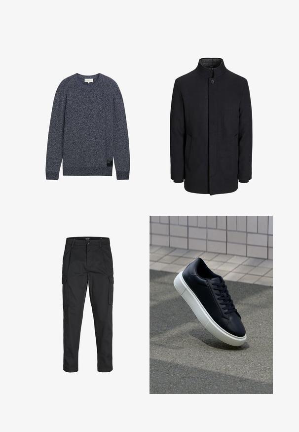 Męski czarny wełniany płaszcz z wysokim kołnierzem, ukrytym zamek błyskawicznym, zapięciem na jeden guzik oraz bocznymi kieszeniami.; Granatowy dziergany sweter z długimi rękawami, okrągłym dekoltem i teksturowanym wzorem; posiada małą metkę marki z boku.; Czarne spodnie cargo wykonane z wytrzymałego materiału, z wieloma kieszeniami, zapięciem na guzik oraz zwężanym krojem nogawek.; Czarne skórzane sneakersy z okrągłym noskiem i białą gumową podeszwą. Posiadają płaskie sznurowadła i minimalne przeszycia na cholewce. Teksturowana podeszwa zapewnia przyczepność.