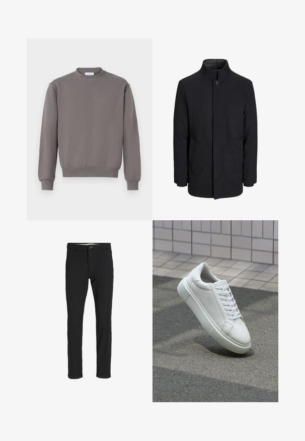 Miestenský čierny vlnený kabát s vysokým golierom, skrytým zipsom, jedným gombíkom na zapínanie a bočnými vreckami.; Harmaa huppari, jossa on pyöreä kaula-aukko, ribbaudet hihansuissa ja helmassa. Valmistettu pehmeästä kankaasta, joka on yksinkertainen, sileä ja ilman kuvioita.; Mustat puuvillasekoitehousut, joissa on slim fit -leikkaus, napitus, taskut ja käärityt lahkeet rentoa ilmettä varten.; Valkoinen nahkainen lenkkari, jossa on sileä pinta, pyöreä kärki ja tasaiset valkoiset nauhat. Varustettu teksturoidulla kumi-pohjalla ja vähäisillä muotoiluelementeillä.