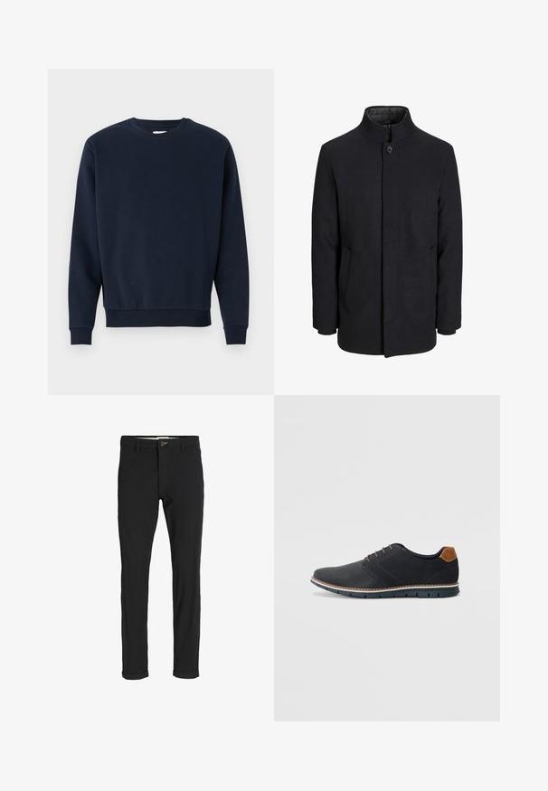 Moška črna volnena jakna z višjim ovratnikom, skritim zadrgo, enojnim gumbom za zapiranje in stranskimi žepi.; Mornarsko modra bombažna majica s krojenim ovratnikom, dolgimi rokavi ter rebrastimi manšetami in robom. Gladka tekstura, minimalistična zasnova, brez vidnih logotipov.; Črne bombažne hlače iz mešanice tkanin, ožjega kroja, z gumbom za zapiranje, žepi in zavihanimi robovi za sproščen videz.; Črne sintetične čevlje z teksturirano zgornjščino, gladkimi akcenti, rjavim petnim delom in kontrastnim podplatom. Imajo minimalno vezanje in detajle šivanja.