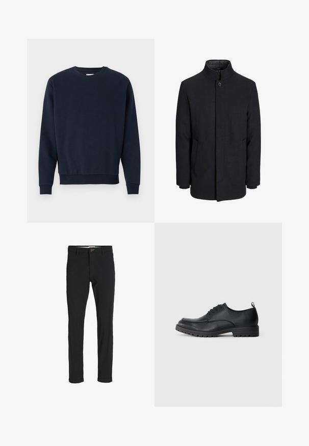 Cappotto da uomo in lana nera con colletto alto, zip nascosta, chiusura a un bottone e tasche laterali.; Felpa in cotone blu navy con collo a giro, maniche lunghe e polsini e orlo a coste. Texture liscia, design minimale, senza loghi visibili.; Pantaloni neri in cotone misto con vestibilità slim, dotati di chiusura con bottone, tasche e orli arrotolati per un look informale.; Scarpa da uomo in pelle nera con una texture liscia, punta tondeggiante, lacci sul davanti e suola in gomma resistente con un motivo in rilievo.