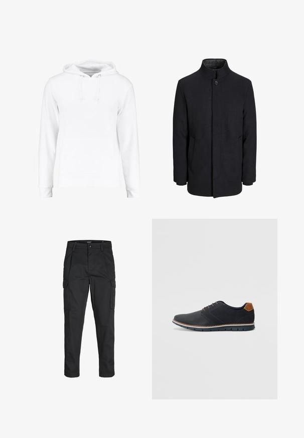 Manteau en laine noir pour homme avec col haut, fermeture éclair dissimulée, fermeture à un bouton et poches latérales.; Haut à capuche blanc en matériau doux, comprenant une poche kangourou, des cordons au niveau du cou, et des poignets et un ourlet côtelés. Texture lisse.; Pantalons cargo noirs en tissu résistant, dotés de plusieurs poches, d'une fermeture par bouton et d'une coupe slim avec des jambes fuselées.; Chaussures synthétiques noires avec un dessus texturé, accents lisses, talon marron et semelle contrastante. Présente un laçage minimal et des détails de couture.