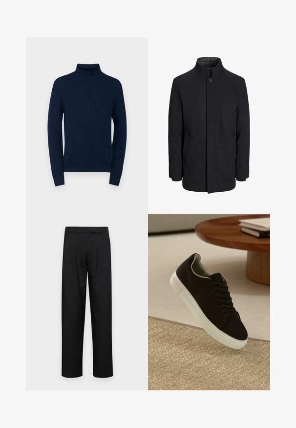 Miestenský čierny vlnený kabát s vysokým golierom, skrytým zipsom, jedným gombíkom na zapínanie a bočnými vreckami.; Navy turtleneck villapaita, jossa on teksturoitu kuvio, pitkät hihat sekä ribbaus kauluksessa ja hihoissa, valmistettu kevyestä neulomateriaaleista.; Mustat housut, jotka on valmistettu sileästä kankaasta, suoran lahkeen muotoilulla, kahdella etupleekillä ja tavanomaisella vyötäröllä, jossa on vyölenkit.; Musta lenkkari, jossa on valkoinen pohja, kelluu vaaleanbeige texturoituneen maton yllä pyöreän puupöydän vieressä, jonka päällä on pinottu kirjoja.