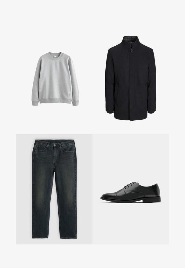 Vyriškas juodas vilnonis paltas su aukštu apykakle, užslėptu užtrauktuku, vienu užsegimu ir šoninėmis kišenėmis.; Pilkas džemperis su apvaliu kaklu, guma užrištomis rankovėmis ir apačia. Pagamintas iš minkštos medžiagos su lygiu paviršiumi, turi paprastą dizainą.; Tamsiai mėlynos džinsinės kelnės su tiesiu kirpimu, turinčios penkias kišenes, užtrauktuką ir kontrastingas siūles. Audinys šiek tiek nublukęs.; Juodas odinis džinsinis batų modelis su apvaliu galiuku, raišteliu ir subtiliomis siūlėmis, taip pat žemu kulnu. Lygus pavirčius su blizgiu apdaila.