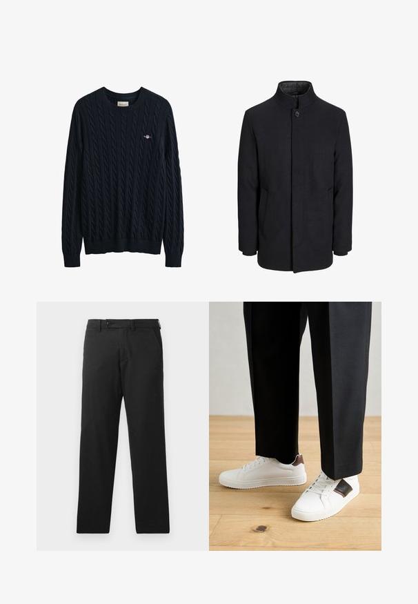 Férfi fekete gyapjú kabát magas gallérral, rejtett cipzárral, egy gombos záródással és oldalzsebekkel.; Tengerészkék kötött pulóver bordázott nyakkal és szegéllyel, kis logóval a mellrészen. Texturált, puha anyagból készült.; Fekete nadrág pamutkeverék anyagból, egyenes szárú fazonban, gombos záródással és varrás nélküli oldalsó zsebekkel.; Fehér sneaker, sima textúrával, barna bőr díszítéssel és fekete részletekkel, fekete szabott nadrággal párosítva. Fából készült padló háttér.