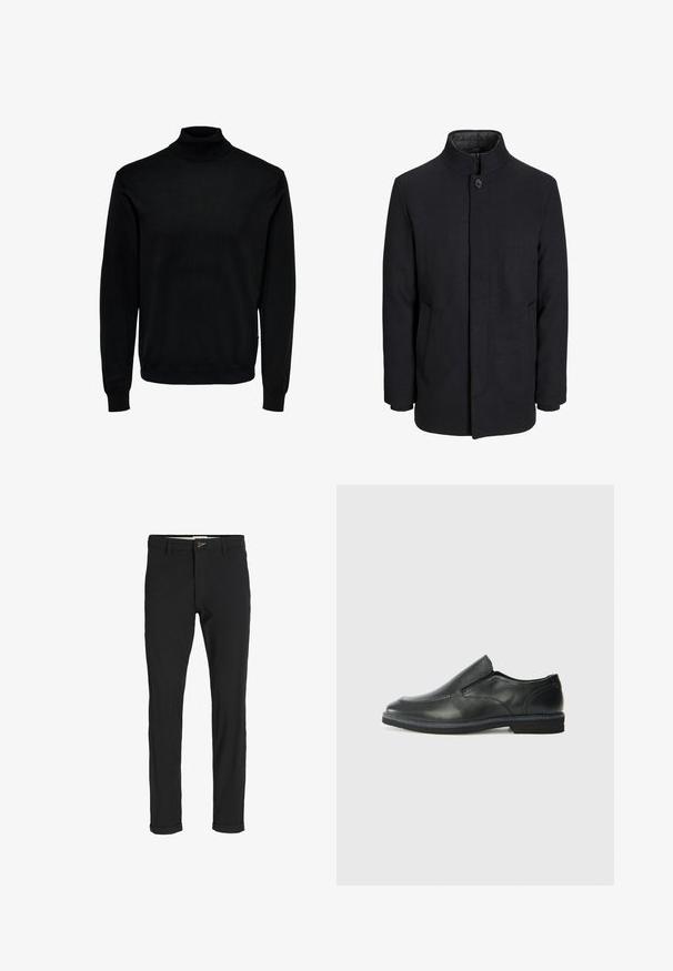 Men's black wool coat with high collar, concealed zipper, single button closure, and side pockets.; Black turtleneck sweater, made of soft fabric, features long sleeves, ribbed cuffs and hem, with a fitted neck design and smooth texture.; Black cotton blend pants with a slim fit, featuring a button closure, pockets, and rolled cuffs for a casual finish.; Black leather slip-on shoe with a smooth upper, stitched accents, rounded toe, and a low rubber heel. Sole features minimal tread.