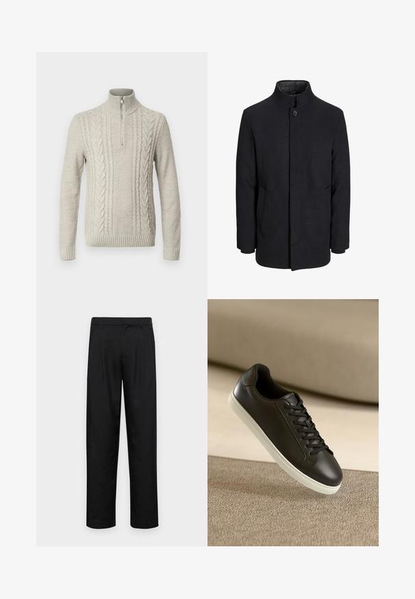 Manteau en laine noir pour homme avec col haut, fermeture éclair dissimulée, fermeture à un bouton et poches latérales.; Pull léger gris en tricot avec un col montant et une demi-fermeture éclair. Présente des motifs texturés avec des détails en tricot torsadé et des poignets côtelés.; Pantalons noirs en tissu lisse, avec une coupe droite, deux plis avant et une taille standard avec passants de ceinture.; Baskets en cuir noir avec une semelle en caoutchouc blanc et des lacets noirs, posées sur une surface et un fond en tissu beige.