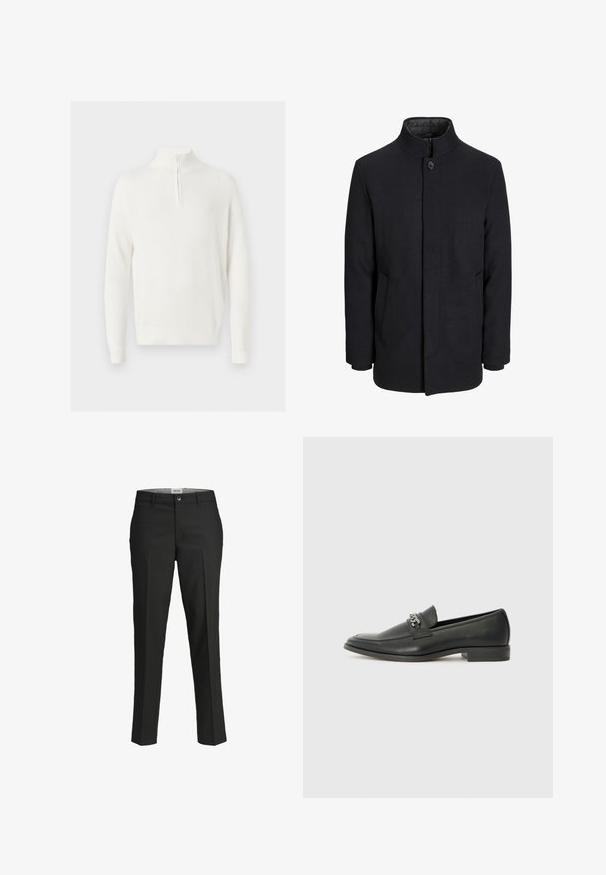 Moška črna volnena jakna z višjim ovratnikom, skritim zadrgo, enojnim gumbom za zapiranje in stranskimi žepi.; Bela rebrasta jopica z visokim ovratnikom in polovičnim zadrgo. Tkanina je mehke teksture in ima dolge rokave.; Črne hlače, krojene prilega, gladka tkanina, srednje visok pas, sprednja zaponka, diagonalne žepke in pregibna podrobnost vzdolž nog.; Črni usnjeni loafer z gladko površino, ki ima šivano zasnovo in dekorativni kovinski verižni naglas preko vampirja. Ravno peto.