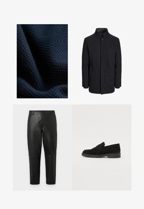 Zwart wollen mannenjas met hoge kraag, verborgen rits, sluiting met één knop en zijzakken.; Donker marineblauw geweven stof met een rasterachtig patroon, die een zachte, gebreide uitstraling en een lichte glans toont.; Zwarte leren rechte broek met riemlussen en zijzakken, weergegeven tegen een effen lichte achtergrond.; Zwarte suède instappers met een lage hak, voorzien van een eenvoudige band over de bovenkant en een gestructureerd detail langs de zijkanten.