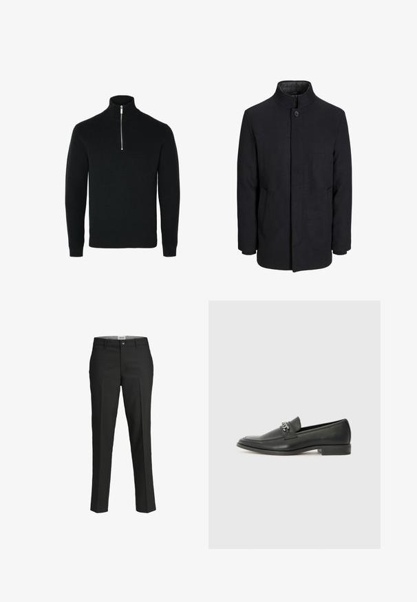 Vyriškas juodas vilnonis paltas su aukštu apykakle, užslėptu užtrauktuku, vienu užsegimu ir šoninėmis kišenėmis.; Juodas megztinis su užtrauktuku ir tekstūruotu raštu, turintis priekinį užtrauktuką ir gyslotus rankogalius bei apačią.; Juodos kelnes, pritaikytas siluetas, lygus audinys, vidutinio aukščio liemuo, priekyje su užsegimu, kampinės kišenės ir raukšlės detalės palei kojas.; Juodos odinės loafer tipo bateliai su lygiu paviršiumi, turintys siuvinėtą dizainą ir dekoratyvų metalo grandinėlės akcentą ant batų viršaus. Plokščias kulnas.