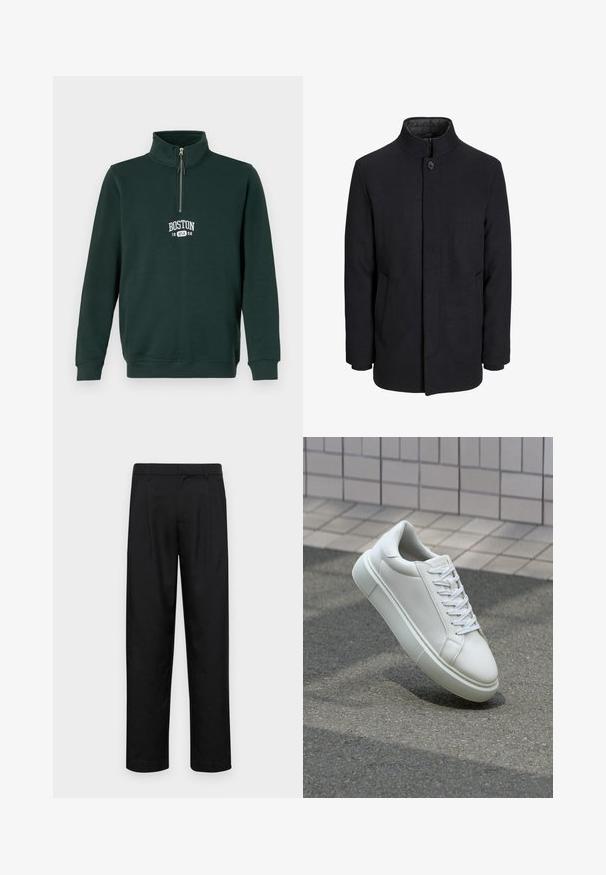Meeste must villane mantel kõrge kraega, peidetud tõmblukk, ühe nööbiga kinnitamine ja küljetaskud.; Tume roheline pusa, millel on veerand zip. Rinnal on valgete tähtedega kirjas "BOSTON 1998". Valmistatud pehmest, tekstureeritud kangast.; Mustad mustadest riietest, millel on sirge jalgade disain, kaks eesmist voltimist ja tavaline vöökoht, millel on vöökohad.; Valge nahkline sneka, millel on sile pind, ümar varvas ja lame valge pael. Omab tekstuuriga kummist talla ja minimaalset kujunduselementi.