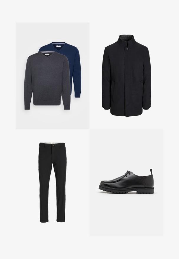 Men's black wool coat with high collar, concealed zipper, single button closure, and side pockets.; Two V-neck sweaters in dark gray and navy blue, made from a soft fabric with ribbed cuffs and a striped detail inside the neckline.; Black cotton blend pants with a slim fit, featuring a button closure, pockets, and rolled cuffs for a casual finish.; Black leather lace-up shoe with a rugged sole and pull tab at the heel, shown from the side on a white background.