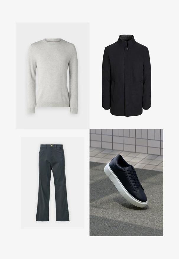 Moška črna volnena jakna z višjim ovratnikom, skritim zadrgo, enojnim gumbom za zapiranje in stranskimi žepi.; Svetlo siva pletena sweatshirt s okruglim izrezom, dugim rukavima, teksturiranim uzorkom i rebrastim manžetama i donjim rubom. Mekan, prozračan materijal.; Črne hlače s ravnim krojem, izdelane iz mešanice bombaža. Imajo kovinsko zaponko in stranske žepe. Brez vidnih vzorcev.; Črne usnjene superge z zaobljenim prstom in belim gumijastim podplat. Imajo ravne vezalke in minimalno šivanje na zgornjem delu. Teksturirani podplat za oprijem.