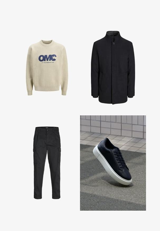 Vīriešu melns vilnas mētelis ar augstu apkakli, slēptu rāvējslēdžu, vienu pogu aizdari un sānu kabatām.; Gaišbeigā krēklā ar ribu, ar tumši zilu "OMC" logo un tekstu "OFF-TRACK MEMBERS' CLUB". Mīksta tekstūra un garas piedurknes.; Melnas kravas bikses, izgatavotas no izturīga auduma, ar vairākiem kabatām, pogu aizdari un šaura piegriezuma dizainu ar sašaurinātiem kāju apakšiem.; Melnas ādas kedas ar noapaļotu pirkstu un baltu gumijas zoli. Iespējas - plakanas šņorītes un minimāla apdare augšdaļā. Struktūrēta zole, lai nodrošinātu saķeri.