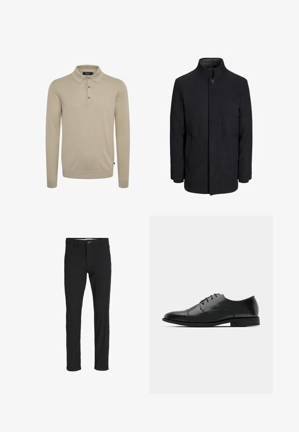 Zwart wollen mannenjas met hoge kraag, verborgen rits, sluiting met één knop en zijzakken.; Lange mouwen polo shirt in lichtbeige breiwerk, met een klassieke kraag, een drieknoopsluiting en geribde manchetten.; Zwarte katoenen broek van een katoenmix met een slim fit, voorzien van een knoopsluiting, zakken en opgerolde mouwen voor een casual afwerking.; Zwarte leren dresschoenen met een ronde neus, vetersluiting, subtiele stiksels en een lage hak. Glad oppervlak met gepolijste afwerking.