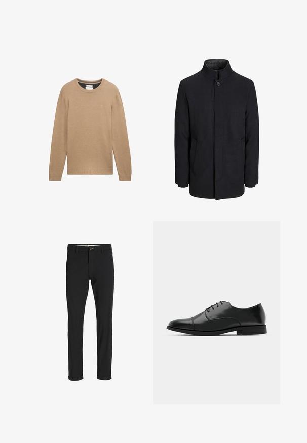 Herren schwarzer Wollmantel mit hohem Kragen, verdecktem Reißverschluss, einreihigem Knopfverschluss und Seitentaschen.; Beiger Strickpullover mit einem runden Ausschnitt, langen Ärmeln sowie gerippten Bündchen und Saum. Verfügt über ein kleines Logo auf der Brust.; Schwarze Baumwollmischungshose mit schmalem Schnitt, gekennzeichnet durch einen Knopfverschluss, Taschen und umgeschlagenen Säumen für einen lässigen Abschluss.; Schwarzer Leder-Dieerschuh mit runder Zehenform, Schnürdesign, dezenten Nähdetails und niedrigem Absatz. Glatte Textur mit polierter Oberfläche.