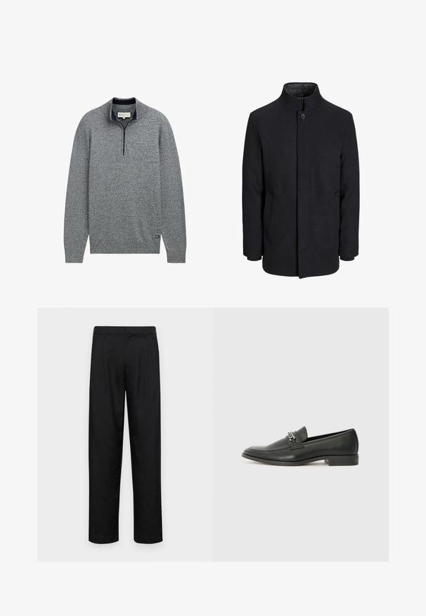 Moška črna volnena jakna z višjim ovratnikom, skritim zadrgo, enojnim gumbom za zapiranje in stranskimi žepi.; Siv pulover sikkel zadrgo, ki vsebuje teksturiran pleten vzorec in modro akcentno obrobje s podrobnostjo logotipa.; Črne hlače iz gladkega materiala, s krojem ravne noge, dvema sprednjima pregiboma in standardnim pasom z zankami za pas.; Črni usnjeni loafer z gladko površino, ki ima šivano zasnovo in dekorativni kovinski verižni naglas preko vampirja. Ravno peto.