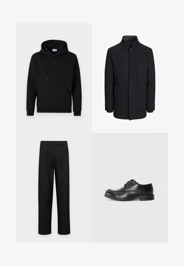 Manteau en laine noir pour homme avec col haut, fermeture éclair dissimulée, fermeture à un bouton et poches latérales.; Haut à capuche noir en tissu riche en coton, avec une poche avant, un capuche à cordon de serrage et des poignets côtelés. Design simple et décontracté.; Pantalons noirs en tissu lisse, avec une coupe droite, deux plis avant et une taille standard avec passants de ceinture.; Chaussures en cuir noir à lacets avec un bout arrondi, texture lisse et un petit talon. Présente des détails de couture le long de l'empeigne et des côtés.