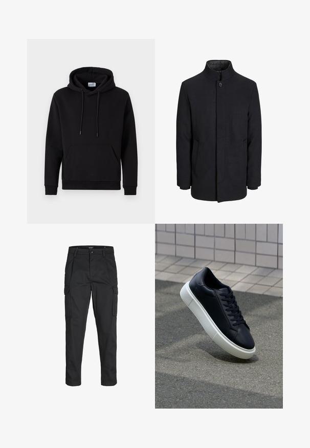 Herre sort uldfrakke med høj krave, skjult lynlås, enkelt knaplukning og sidelommer.; Sort hættetrøje lavet af bomuldsrigt stof, med en forlommek, snoretræk i hætten og ribbede manchetter. Enkel og afslappet design.; Sorte cargo-bukser lavet af slidstærkt stof, der har flere lommer, en knaplukning og et slim fit design med smalle ben.; Sort lædersneaker med rund tå og hvid gummisål. Har flade snørebånd og minimal syning på overdelen. Tekstureret sål for bedre greb.