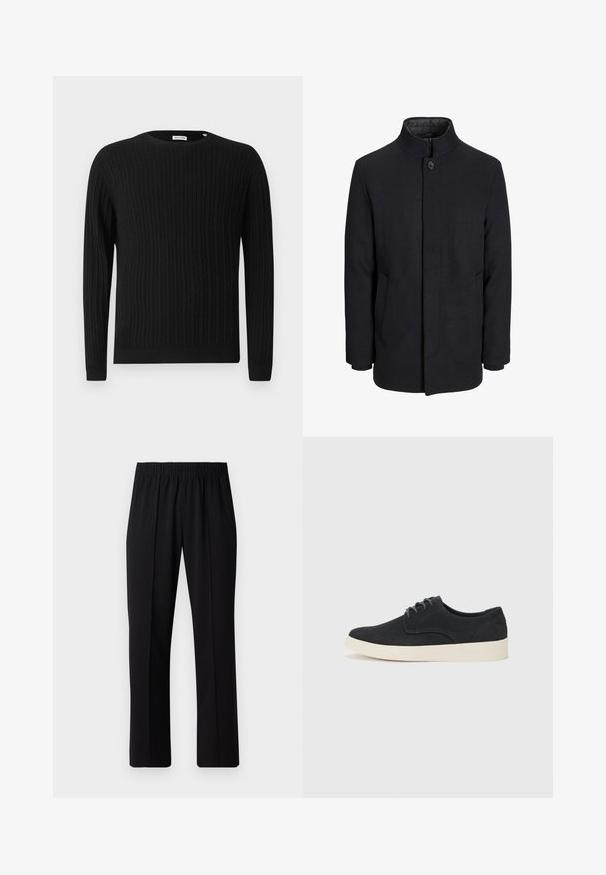 Men's black wool coat with high collar, concealed zipper, single button closure, and side pockets.; Black cable-knit sweater with long sleeves and a round neckline. Features a textured pattern and ribbed cuffs and hem.; Black, elastic-waist trousers with a straight-leg design, featuring a smooth texture and no visible patterns or hardware.; Black suede lace-up shoe with a rounded toe, lightweight cream sole, and subtle blue stitching accents on the upper.