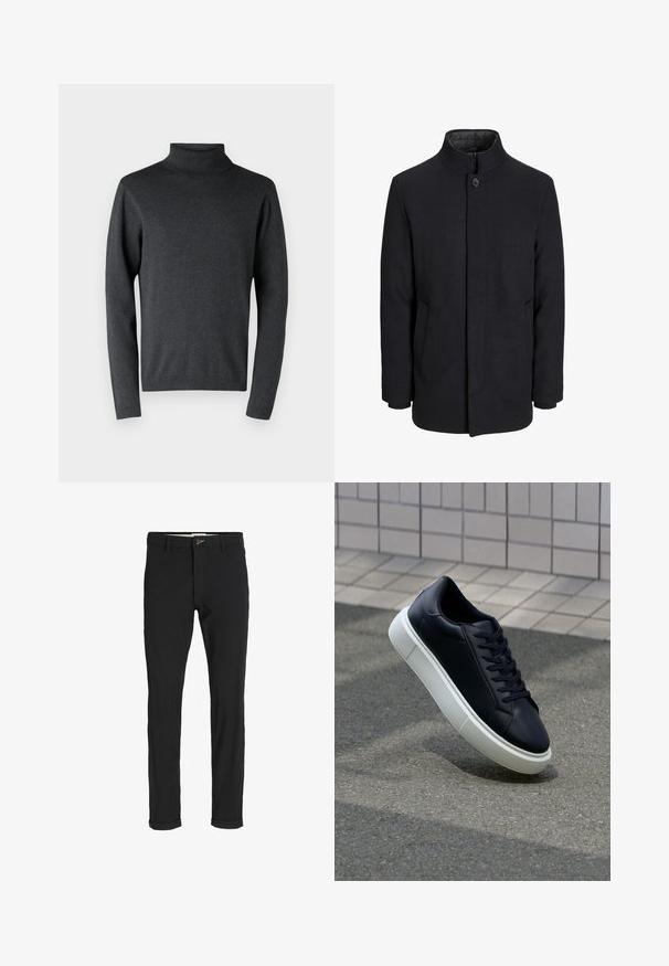 Vīriešu melns vilnas mētelis ar augstu apkakli, slēptu rāvējslēdžu, vienu pogu aizdari un sānu kabatām.; Tumši pelēkā turtlenecka džemperis, kas izgatavots no mīksta materiāla, ar garām piedurknēm un ribotām malām un apakšmalu, ar vienmērīgu un gludu tekstūru.; Melnas kokvilnas maisījuma bikses ar šauru piegriezumu, ar pogu aizdari, kabatām un rullētām piedurknēm ikdienišķam izskatam.; Melnas ādas kedas ar noapaļotu pirkstu un baltu gumijas zoli. Iespējas - plakanas šņorītes un minimāla apdare augšdaļā. Struktūrēta zole, lai nodrošinātu saķeri.