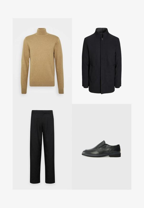 Herre sort uldfrakke med høj krave, skjult lynlås, enkelt knaplukning og sidelommer.; Beige turtleneck sweater lavet af blødt strikstof. Har lange ærmer og en tætsiddende pasform. Ribbet kant og krave. ; Sorte bukser lavet af glat stof, med et lige ben-design, to frontfolder og en standard talje med bæltestropper.; Sorte læder slip-on sko med en glat overdel, syede detaljer, rund tå og en lav gummihæl. Sålen har minimal profil.