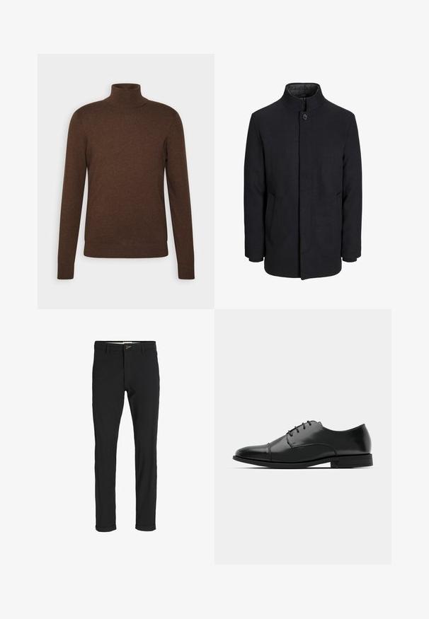 Vyriškas juodas vilnonis paltas su aukštu apykakle, užslėptu užtrauktuku, vienu užsegimu ir šoninėmis kišenėmis.; Rudas golfo megztinis, pagamintas iš švelnaus audinio, su ilgomis rankovėmis, prigludusia forma ir raukšlėtomis apykaklės bei apdaila.; Juodi medvilnės mišiniai kelnės su siauru siluetu, su mygtuko uždarymu, kišenėmis ir sukamučiais galais, suteikiančiais laisvalaikio stilių.; Juodas odinis džinsinis batų modelis su apvaliu galiuku, raišteliu ir subtiliomis siūlėmis, taip pat žemu kulnu. Lygus pavirčius su blizgiu apdaila.