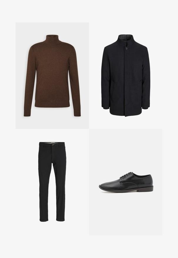 Herren schwarzer Wollmantel mit hohem Kragen, verdecktem Reißverschluss, einreihigem Knopfverschluss und Seitentaschen.; Brauner Rollkragenpullover aus weichem Material, mit langen Ärmeln, tailliertem Design und gerippten Akzenten am Kragen und Saum.; Schwarze Baumwollmischungshose mit schmalem Schnitt, gekennzeichnet durch einen Knopfverschluss, Taschen und umgeschlagenen Säumen für einen lässigen Abschluss.; Schwarze Leder-Schnürschuhe mit glatter Oberfläche, abgerundeter Zehenpartie und einer gummierten, flachen Sohle. Minimalistisches Design ohne zusätzliche Verzierungen.