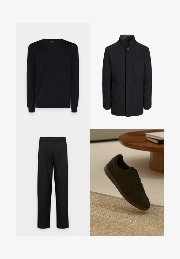 Férfi fekete gyapjú kabát magas gallérral, rejtett cipzárral, egy gombos záródással és oldalzsebekkel.; Fekete, kerek nyakú pulóver sima anyagból, hosszú ujjal és bordázott mandzsettával, valamint szegéllyel. Klasszikus dizájn, minimális részletezéssel.; Fekete nadrág sima anyagból, egyenes szárú fazonnal, két elülső redővel és közönséges derékkal, övhurkokkal.; Fekete velúr tornacipő, lekerekített orral, fűzős kialakítással, textúrált gumitalppal és kontrasztos varrással, egy szőtt szőnyeg felett bemutatva.