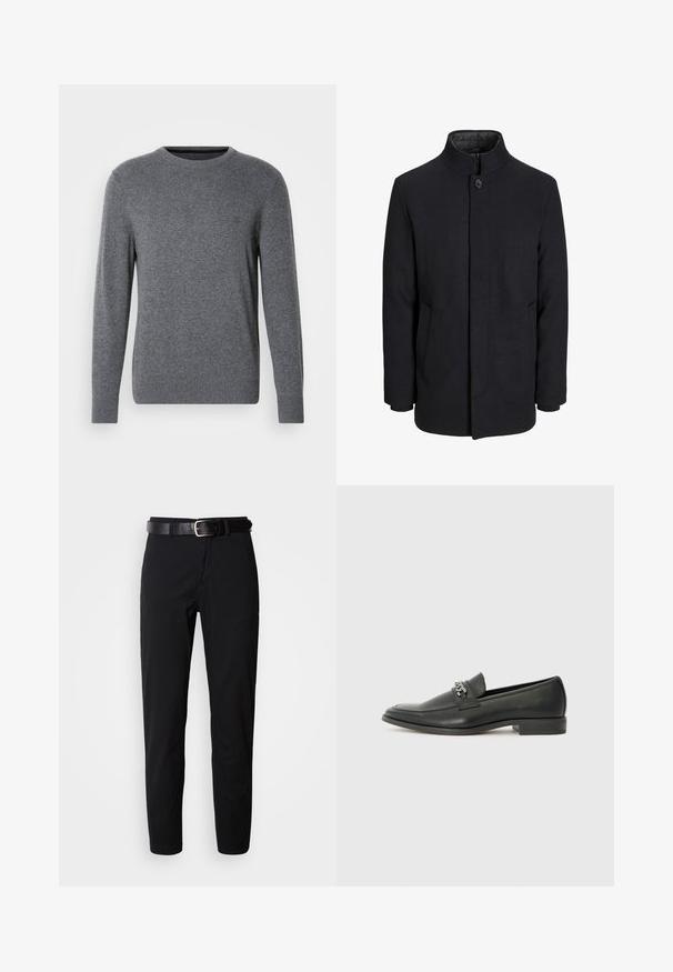 Cappotto da uomo in lana nera con colletto alto, zip nascosta, chiusura a un bottone e tasche laterali.; Maglione grigio in maglia con scollatura rotonda e maniche lunghe. Presenta polsini e orlo a costine, una texture liscia e un piccolo logo sul petto.; Pantaloni neri a gamba dritta, con una texture morbida e una cintura in pelle nera con una fibbia argentata. Design semplice, senza motivi o accenti.; Mocassino in pelle nera con finitura liscia, caratterizzato da un design cucito e da un accento decorativo in catena metallica sul vamp. Tacco piatto.