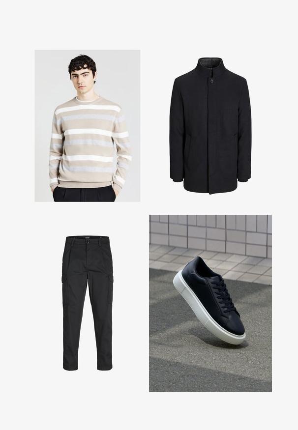 Cappotto da uomo in lana nera con colletto alto, zip nascosta, chiusura a un bottone e tasche laterali.; Maglione a righe da uomo in beige, grigio e bianco. Tessuto morbido, scollo rotondo e polsini a coste. Le righe orizzontali variano in larghezza.; Pantaloni cargo neri realizzati in un tessuto resistente, dotati di molteplici tasche, chiusura con bottone e un design aderente con gambe affusolate.; Sneaker in pelle nera con punta arrotondata e suola in gomma bianca. Presenta lacci piatti e cuciture minime sulla parte superiore. Suola testurizzata per una migliore aderenza.